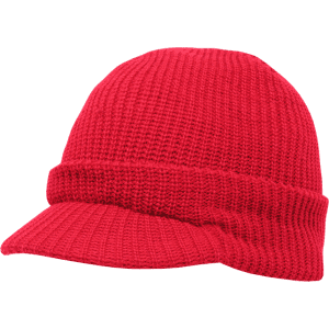A red knitted cap with a visor, featuring a textured pattern and a snug fit. It has no visible logos or branding.