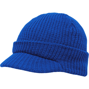 A blue knitted cap with a brim, featuring a textured design and a snug fit.