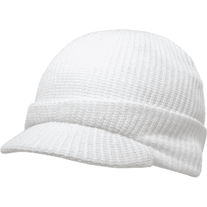 A white knit cap with a peak, featuring a textured design and a snug fit. It includes a branding logo.