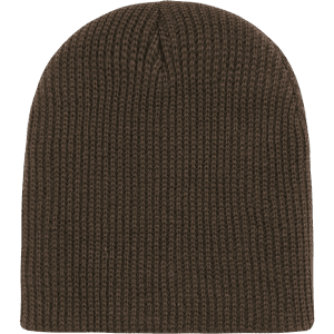 A brown knitted beanie with a ribbed texture and a rounded crown, featuring a logo.