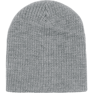 A grey knitted beanie hat with a ribbed texture and no cuff. It features a simple logo.