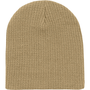 A beige knitted beanie cap with a cuffless design, featuring a textured finish.