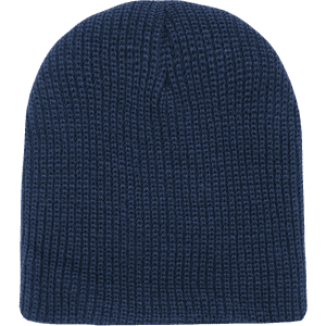 A navy blue cuffless beanie cap with a knitted texture and a small logo on the side.