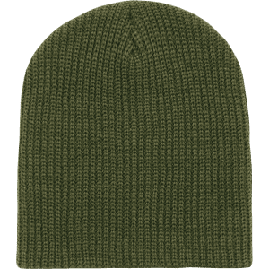 An olive green cuffless watch cap with a simple knitted texture and a rounded top, featuring a logo.