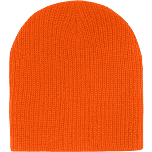An orange cuffless watch cap with a ribbed texture. The cap has a simple, unembellished design.