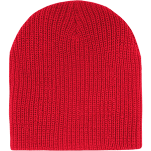 A red cuffless watch cap with a ribbed texture. It has a simple design and no visible branding.