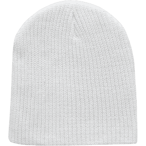 A white cuffless watch cap made of knitted fabric, featuring a simple design and no visible branding.
