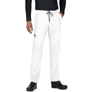 White cargo pants featuring an elastic waistband and pockets, worn by a person in black footwear and a black top.