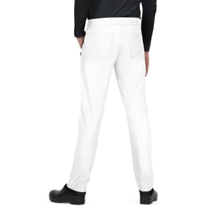 A pair of white pants with back pockets, featuring an elastic waistband, displayed on a model from behind.