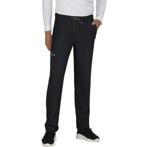 A pair of black pants with a drawstring waist and pockets, featured on a male model.