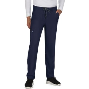 Navy blue jogger pants with an elastic drawstring waist and pockets, worn with a white long-sleeve top.