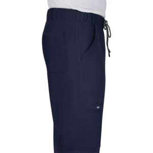 Navy blue cargo shorts featuring pockets and an elastic waistband with a drawstring.