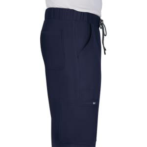 Navy blue cargo shorts featuring pockets and an elastic waistband with a drawstring.