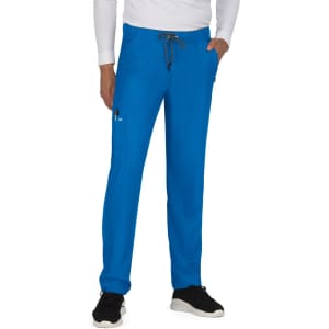 A pair of bright blue pants with pockets and an elastic waistband, featuring a drawstring.