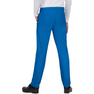 A pair of blue pants with a relaxed fit, featuring pockets and an elastic waistband, viewed from the back.