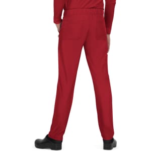A pair of red pants featuring a drawstring waistband and multiple back pockets. The model is seen from behind.