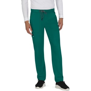 A pair of teal pants featuring drawstring and pockets, displayed on a model wearing a long-sleeve white top.