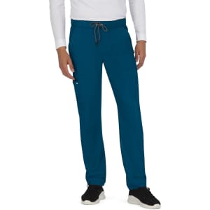 A pair of teal pants with a drawstring waistband, featuring side pockets and worn by a person standing.