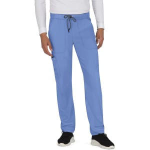 Light blue pants with a drawstring waist and multiple pockets, featuring a logo on the side.