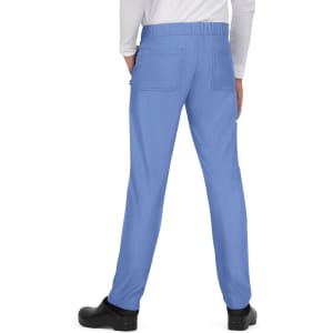 Light blue pants with a comfortable waistband and back pockets, viewed from the back. Contains a logo.