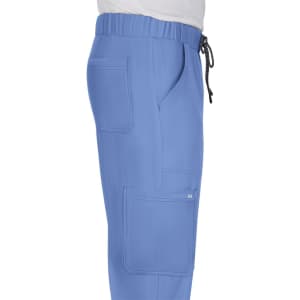 A pair of light blue pants with pockets and an elastic waistband featuring a drawstring.