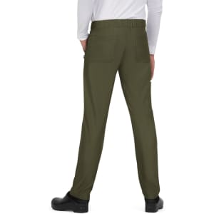 A pair of olive green pants with a relaxed fit and back pockets, viewed from the rear.