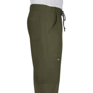 A pair of olive green pants featuring multiple pockets and an elastic waistband with drawstring.