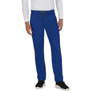 Blue pants with a drawstring and pockets, worn by a person standing in a casual pose.