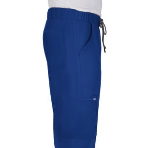 A pair of blue cargo pants with side pockets and an elastic waistband featuring a drawstring. Includes a logo.