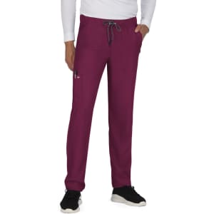 A pair of maroon pants with an elastic waistband and side pockets, featuring a drawstring and a logo.