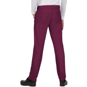 A pair of maroon pants with a stretchy waistband and back pockets, facing away from the viewer.
