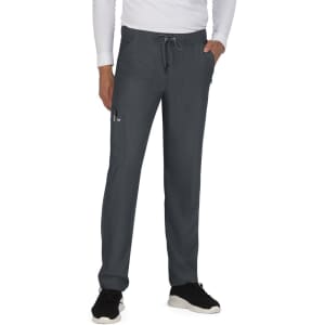 A pair of dark grey pants with an elastic waistband and pockets, featuring a logo on the side.
