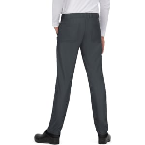 A pair of grey pants with back pockets, featuring a comfortable elastic waistband.