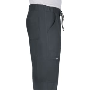 A pair of dark grey cargo pants featuring side pockets and an elastic waistband with a drawstring.