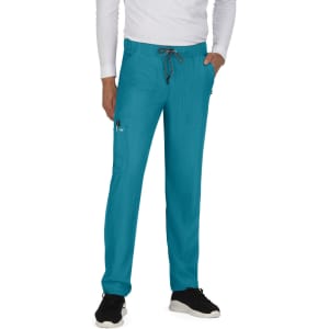 A pair of turquoise pants with a drawstring waist, featuring side pockets and a subtle logo.