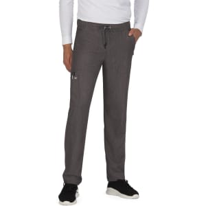 Grey pants with a drawstring waist and pockets, worn by a person standing. The fabric has a subtle texture.