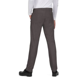 A pair of grey pants with a relaxed fit and back pockets, featuring an elastic waistband and a logo.