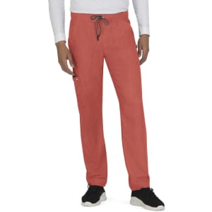 A pair of men's pants in a coral shade, featuring an elastic waistband and side pocket, with a casual fit.