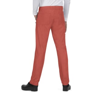 A pair of red pants viewed from the back, featuring a simple design and an elastic waistband.