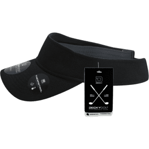 A black pique patterned sun visor with a logo and attached tag. The visor features a curved brim and adjustable fit.