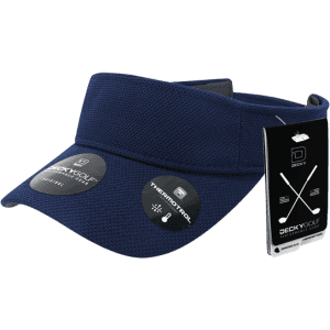 A navy sun visor featuring a pique pattern, with tags and a logo on the side.