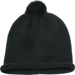 A black knitted beanie with a pom-pom on top and a rolled brim. Features a logo on the side.