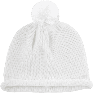 A white knit beanie with a fluffy pom-pom on top, featuring a roll-up cuff. It includes a logo.