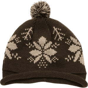 A brown beanie with a snowflake pattern and a pompom on top, featuring a folded brim and a logo.