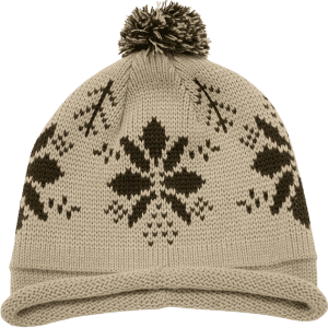 A beige beanie with a snowflake pattern and a pom pom on top, featuring a logo on the side.
