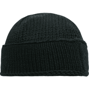 A black knitted beanie with a simple, rounded design. Features a rolled cuff and textured stitching.
