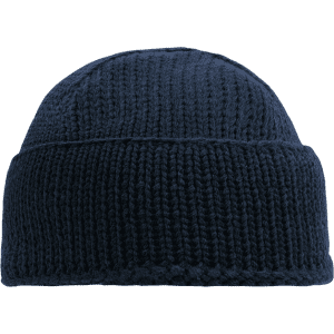 A navy blue beanie with a knitted texture and a folded brim, featuring a simple logo.