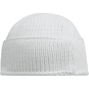 A white knitted beanie with a rounded top and a fold-over cuff, featuring a branding logo.