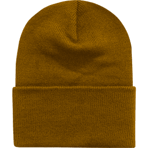 A long beanie in a warm mustard yellow colour with a folded brim and textured knit.