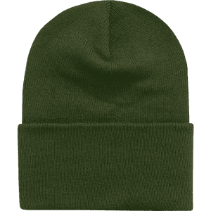 A long beanie in dark green, featuring a ribbed cuff and a soft, knitted texture. It has a logo on the tag.
